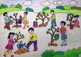 Hình ảnh các em học sinh quét dọn rác và tưới cây xanh