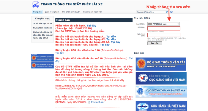 Check bằng lái xe thật giả qua website cũ của Bộ GTVT